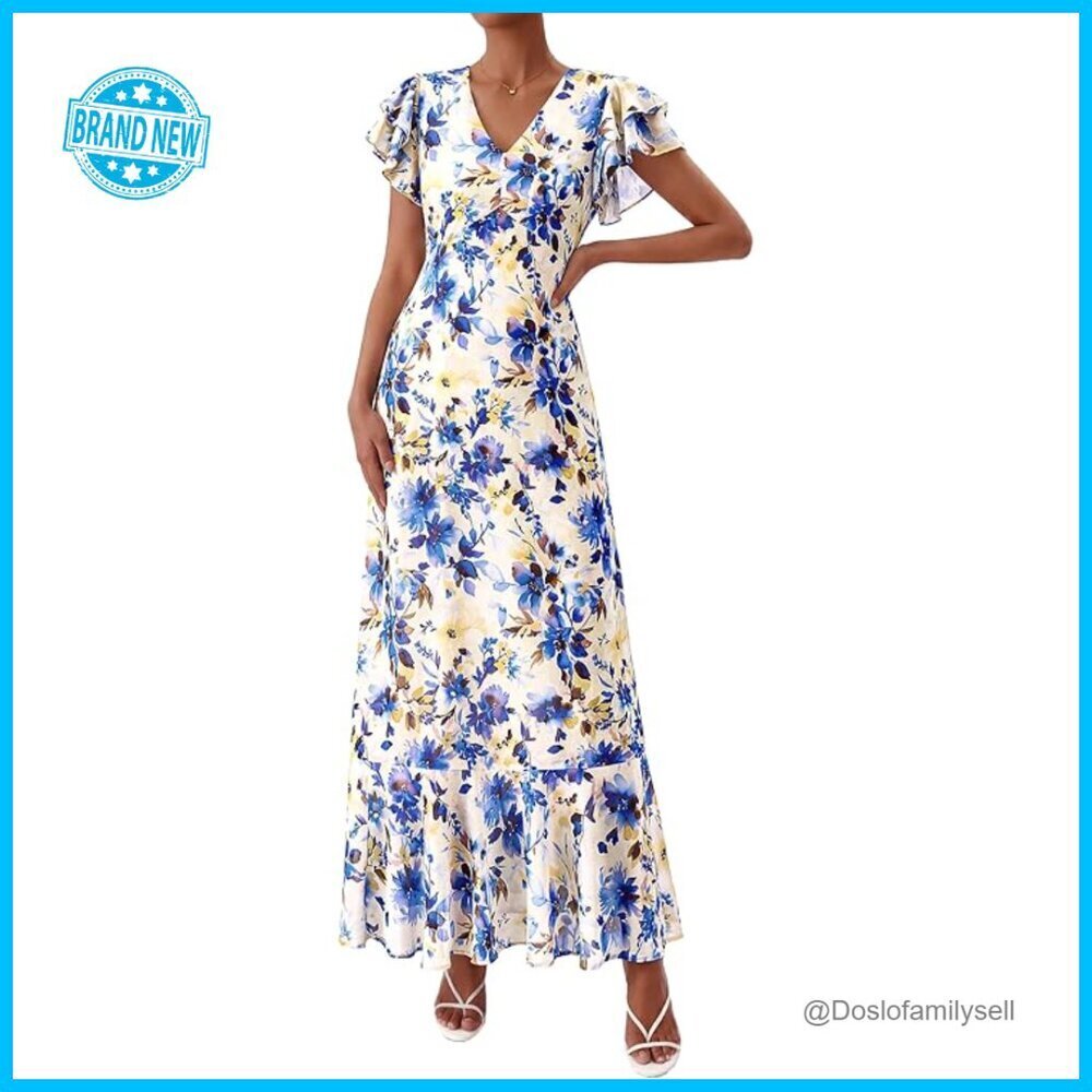Floral Maxi Dress V-Neck Ruffle Sleeve Flowy Beach Wedding Guest Elegant